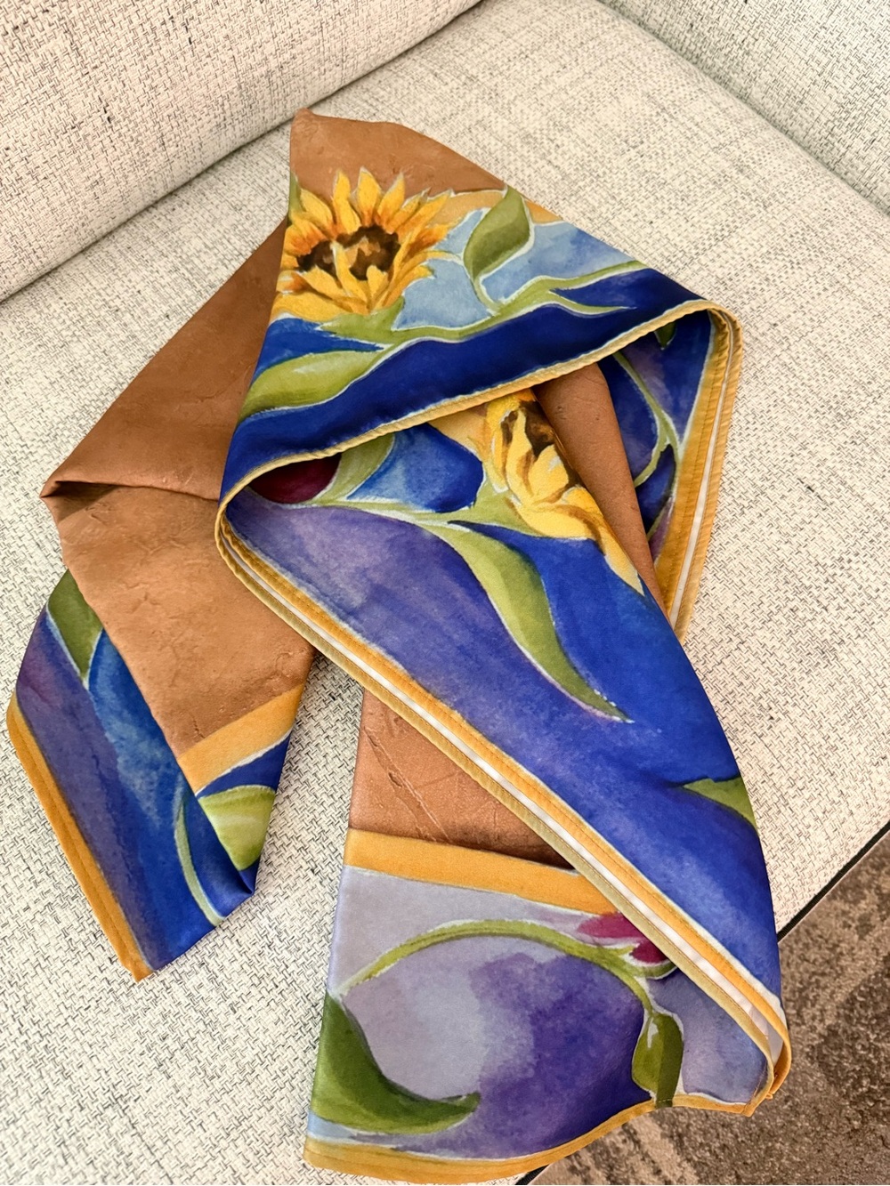Hand-Painted Floral Silk Throw in Blue, Purple, and Tan. Like New N Used.